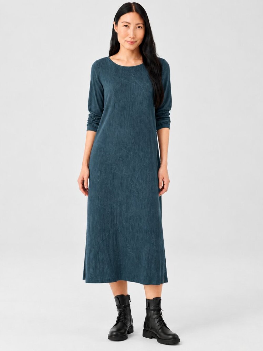 Vtg Eileen Fisher Teal Ribbed Dress Tencel Rayon L/XL Midi Maxi Minimalist